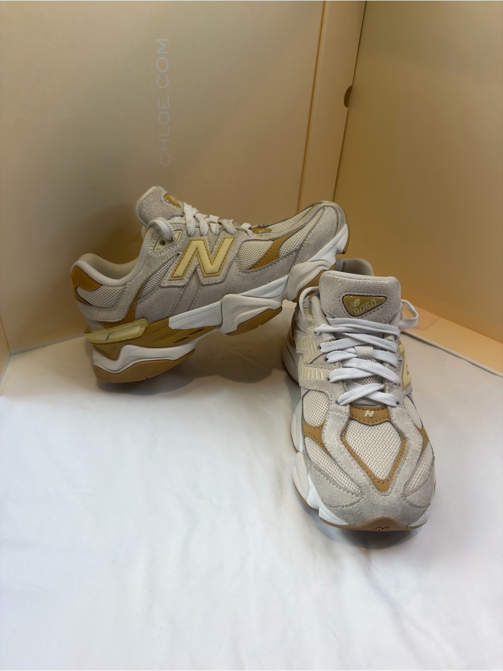 New Balance9060  Kids Cream and Tan Mesh Suede Athletic Sneakers